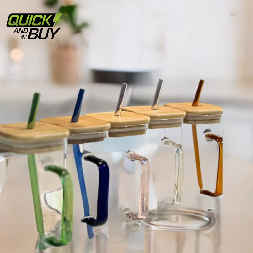 400ml Square Shape Glass Material Mug with Wooden LID and Glass Straw