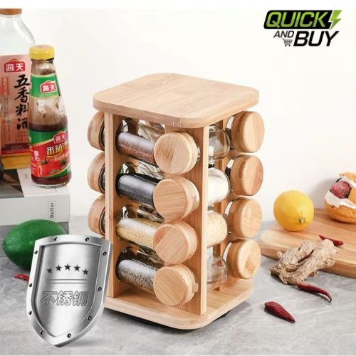 360° Rotating Wooden-Style Spice Rack – Square & Round Jar Carousel Organizer