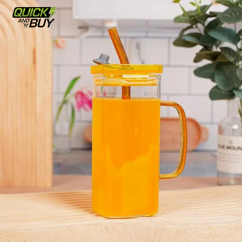 400ml Square Shape Glass Material Mug with plastic LID and Glass Straw