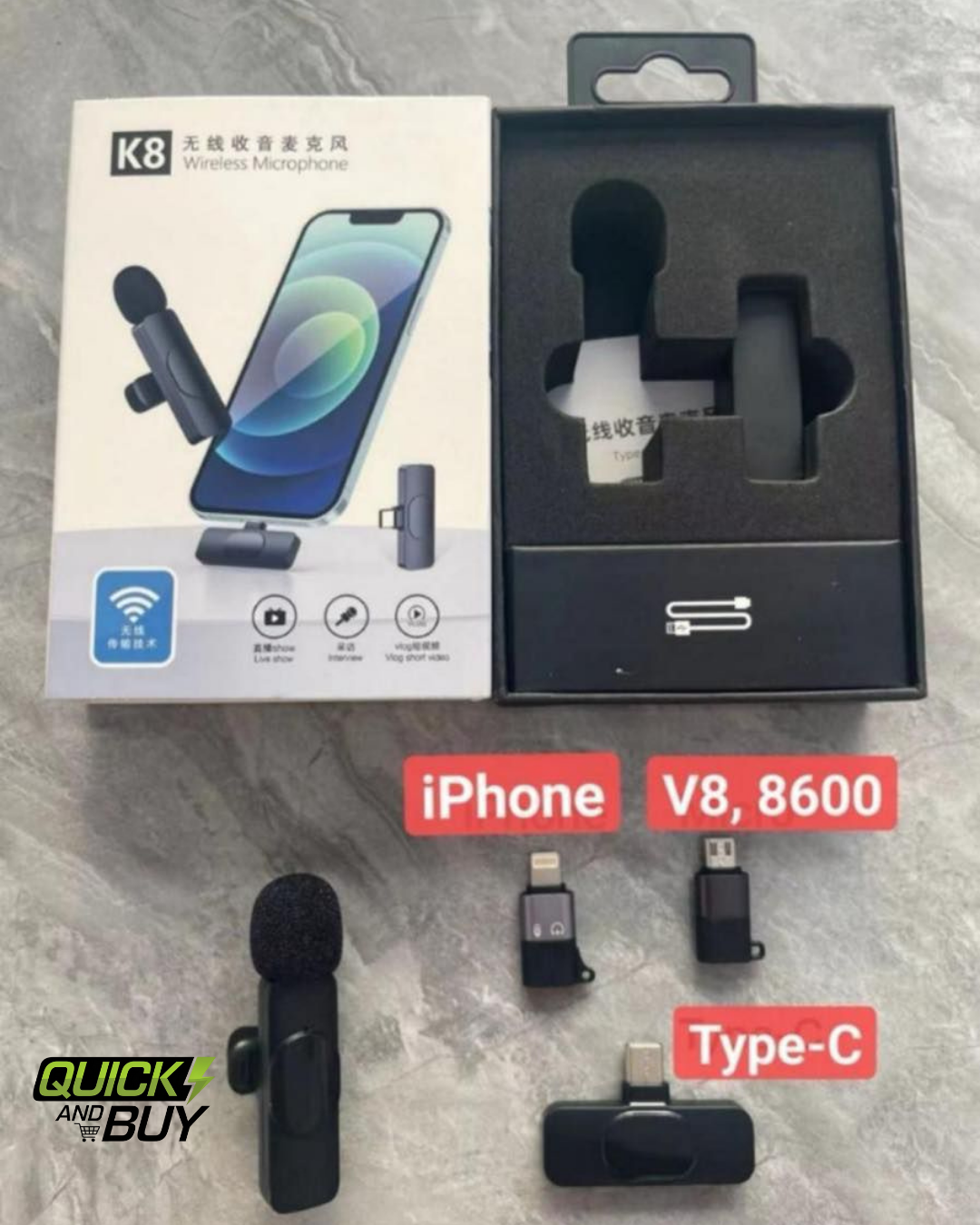 Wireless MIC K8 MICROPHONE Vlogging Mic with Microphone for Type C, Android, IOS Lightining & 3.5mm Jack