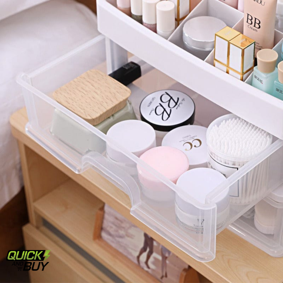 Clear plastic organizer with cosmetic items on a wooden shelf, featuring the Quick Buy logo.