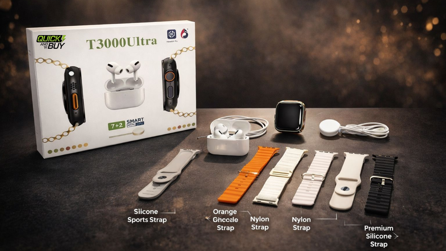 T3000 Ultra Smart Watch 7-in-1 Combo Wireless Earbuds & Multiple Strap Set
