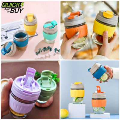 Portable Glass Material Water Bottle with Straw and Silicone Grip