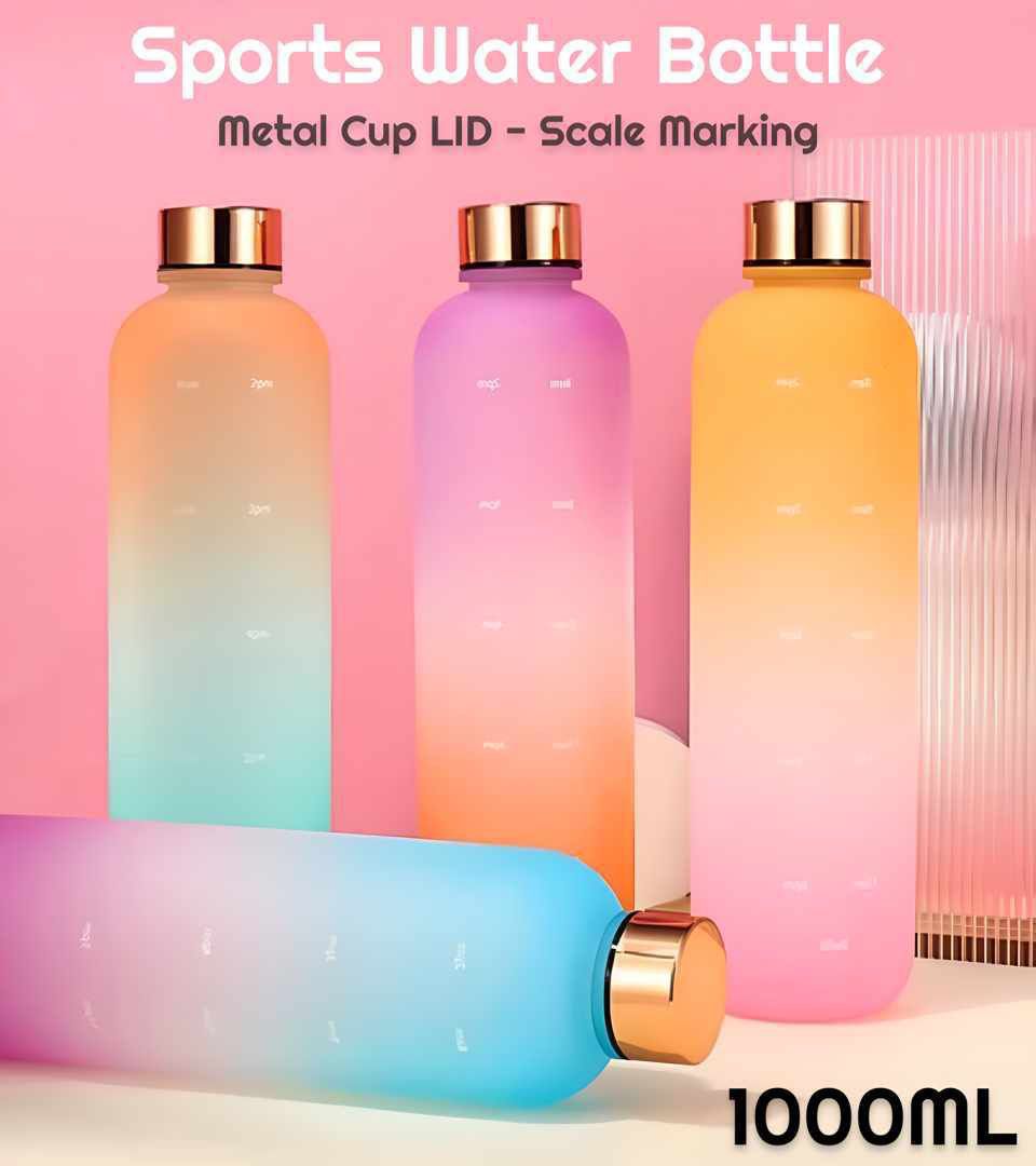 1000ML Sports Plastic Water Bottle with Metal/Silver Cup LID and Scale Marking