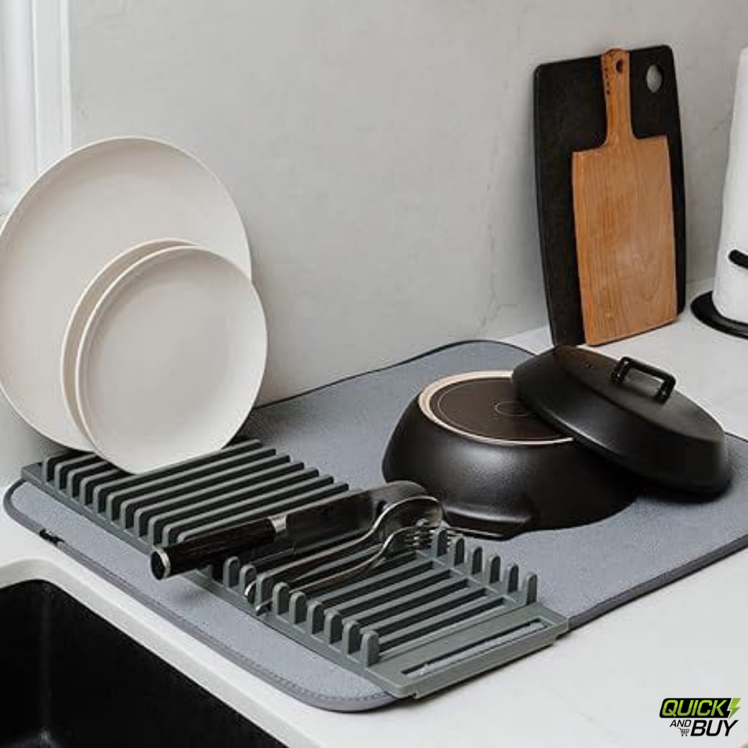 Foldable Dish Drying Mat with Built-In Rack