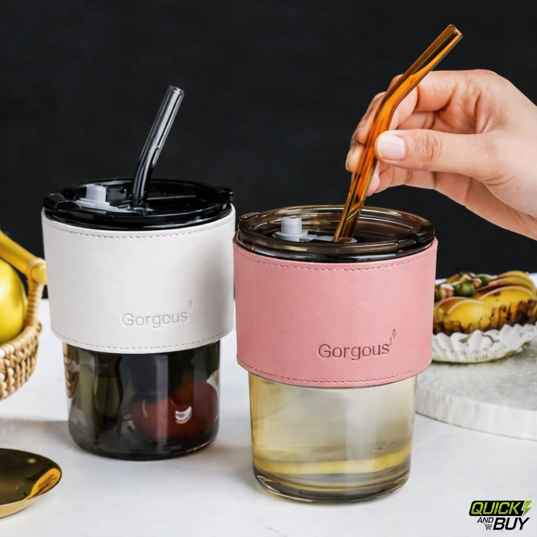 Premium Glass Tumbler with Glass Straw & Leather Grip Bamboo Joint Design (Random Color)