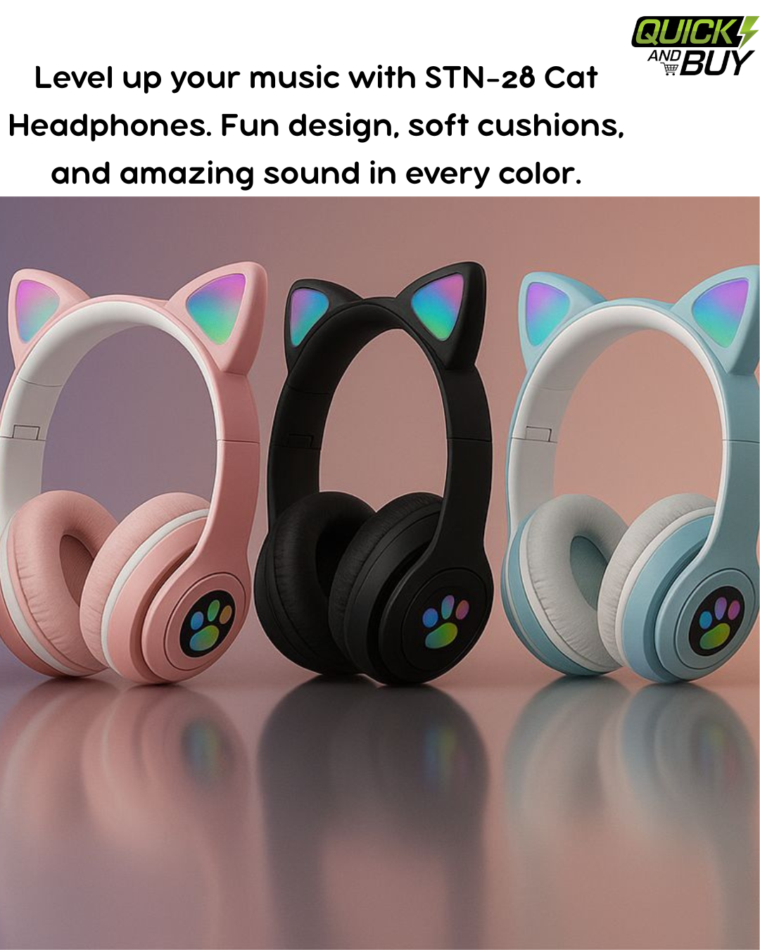 STN-28 Wireless Cat Ear Headphones – LED Light Up, Soft Cushions, Kids & Teens