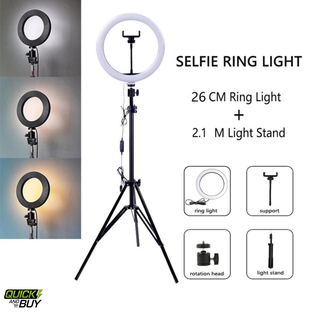 26cm LED Selfie Ring Light with 2.1m Tripod Stand Dimmable Lighting for Video & Photography