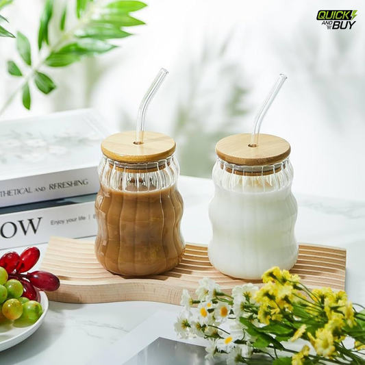 Ribbed Glass Tumbler with Bamboo Lid & Glass Straw