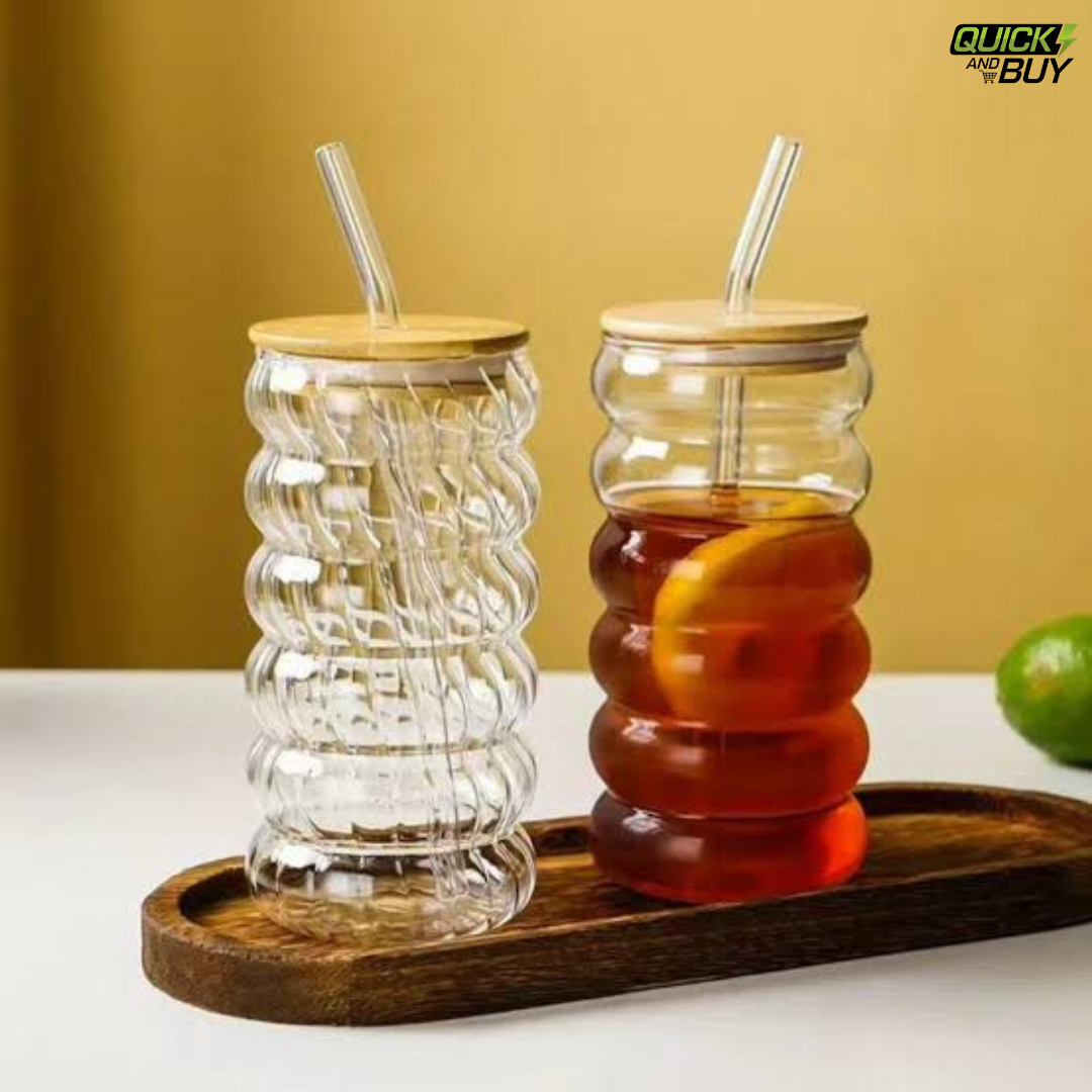 Ribbed Glass Tumbler with Bamboo Lid & Glass Straw
