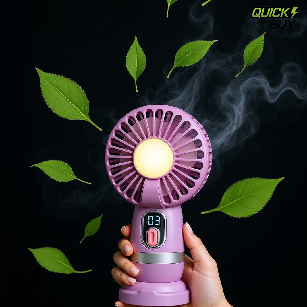 Mini Handheld 3-Blade Rechargeable Fan – With Night Bulb, Digital Gear Meter & Phone Holder