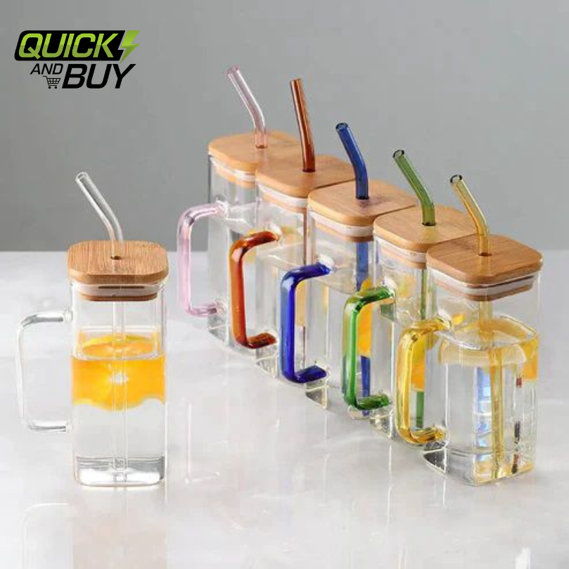  400ml Square Shape Glass Material Mug with Wooden LID and Glass Straw
