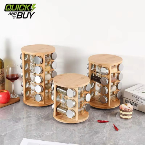 360° Rotating Wooden-Style Spice Rack – Square & Round Jar Carousel Organizer