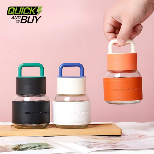300ml Cute Hanging Handle Glass with Leather Grip – Stylish & Portable