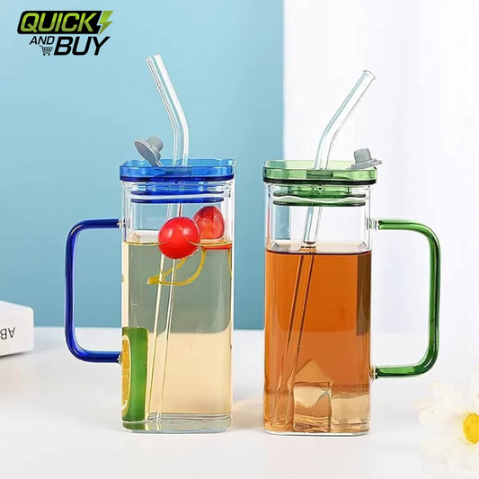 400ml Square Shape Glass Material Mug with plastic LID and Glass Straw