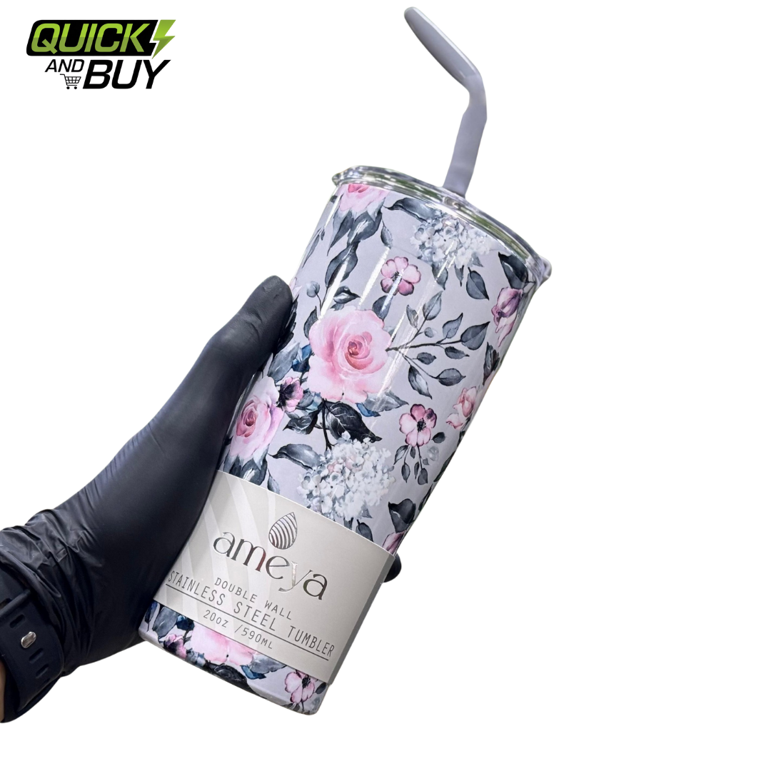 NewFloral Stainless Steel 590ml Double  Tumbler with Steel Straw 