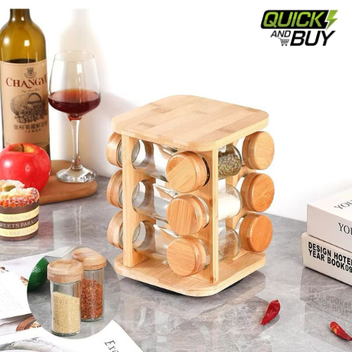 360° Rotating Wooden-Style Spice Rack – Square & Round Jar Carousel Organizer