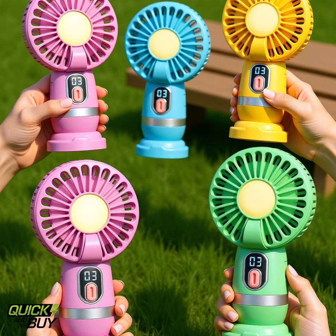 Mini Handheld 3-Blade Rechargeable Fan – With Night Bulb, Digital Gear Meter & Phone Holder