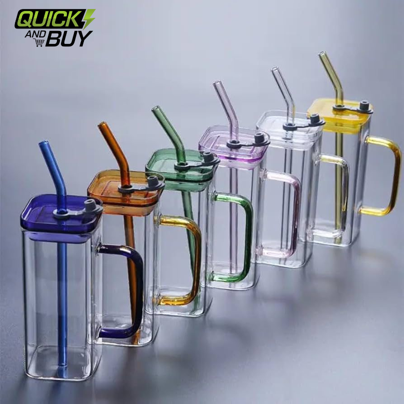 400ml Square Shape Glass Material Mug with plastic LID and Glass Straw