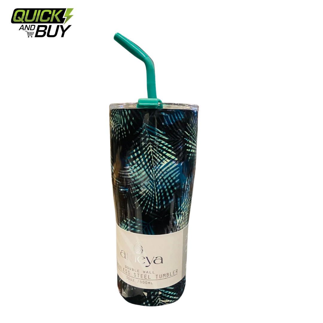 NewFloral Stainless Steel 590ml Double  Tumbler with Steel Straw 