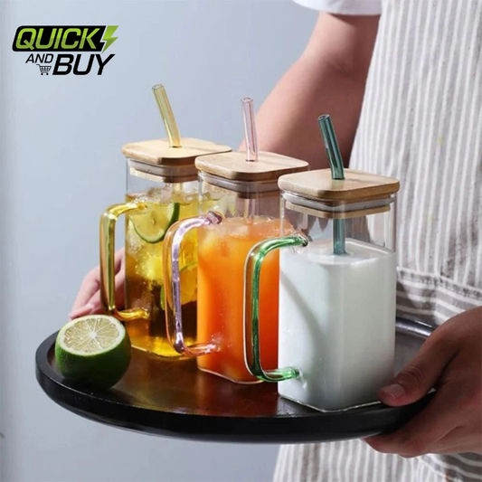  400ml Square Shape Glass Material Mug with Wooden LID and Glass Straw