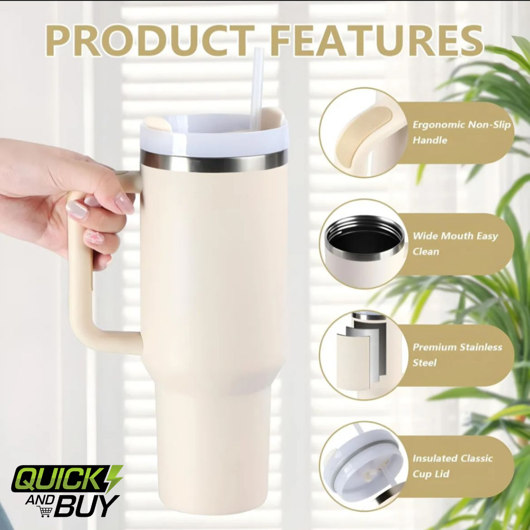 40oz Stainless Steel Tumbler with Handle & Straw – Hot & Cold Insulated