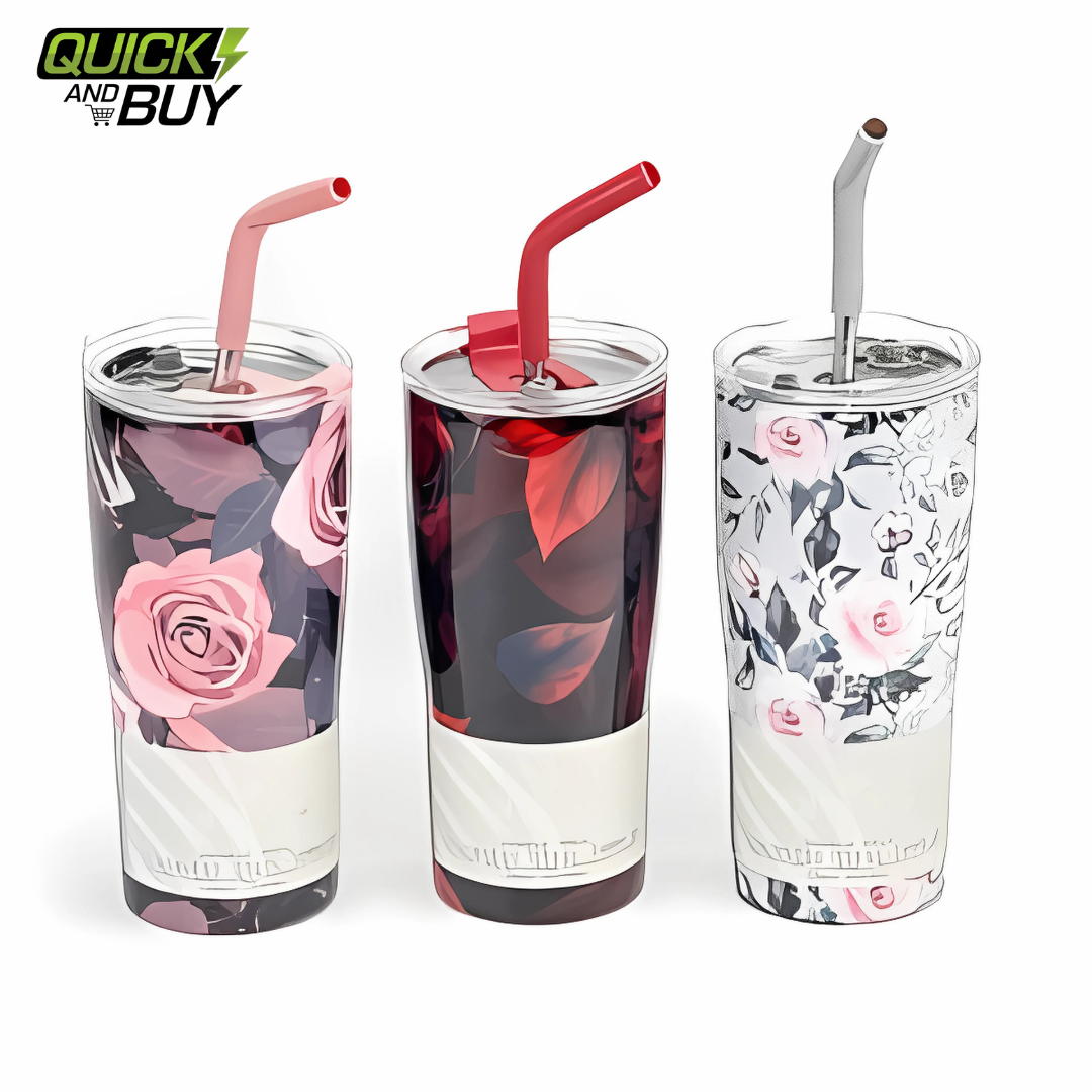 NewFloral Stainless Steel 590ml Double  Tumbler with Steel Straw 