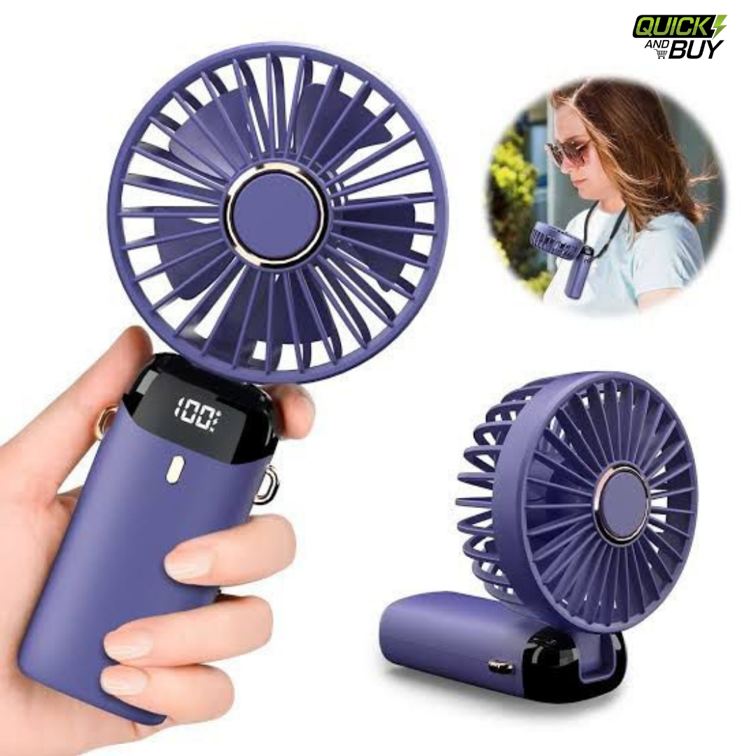 Rechargeable Digital Neck Hanging Foldable Fan – 5 Speed Portable Cooling