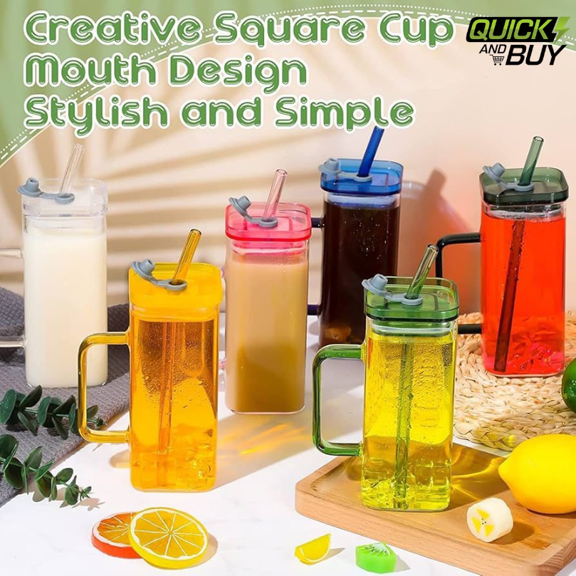 400ml Square Shape Glass Material Mug with plastic LID and Glass Straw