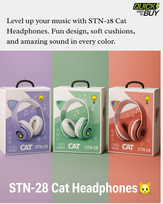 STN-28 Wireless Cat Ear Headphones – LED Light Up, Soft Cushions, Kids & Teens
