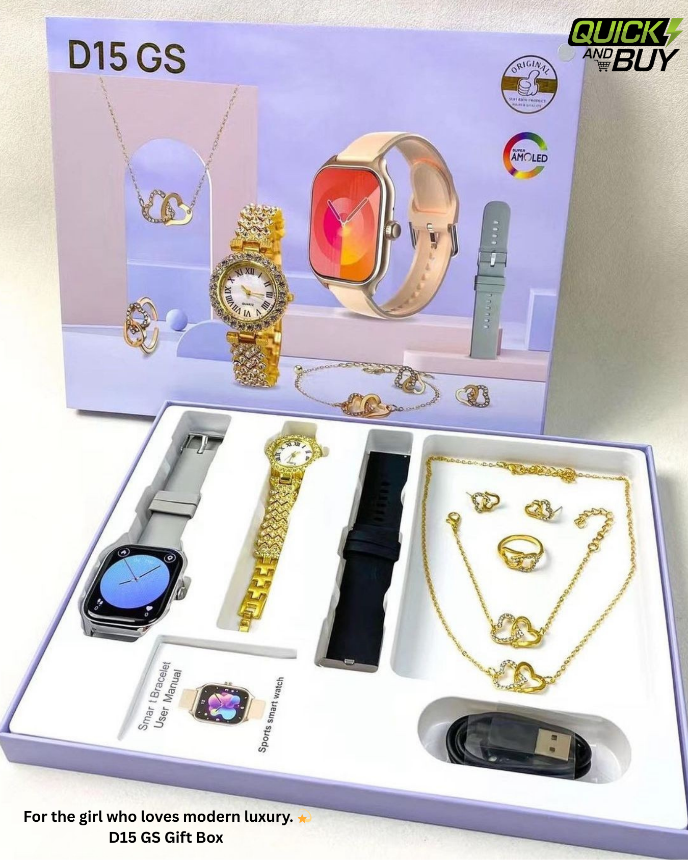 D15 GS Smartwatch Gift Box for Her – Premium Watch + Jewelry Set (Random Colors)