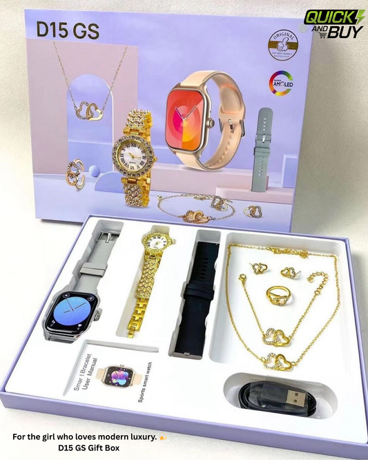 D15 GS Smartwatch Gift Box for Her – Premium Watch + Jewelry Set (Random Colors)