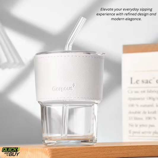 Premium Glass Tumbler with Glass Straw & Leather Grip Bamboo Joint Design (Random Color)