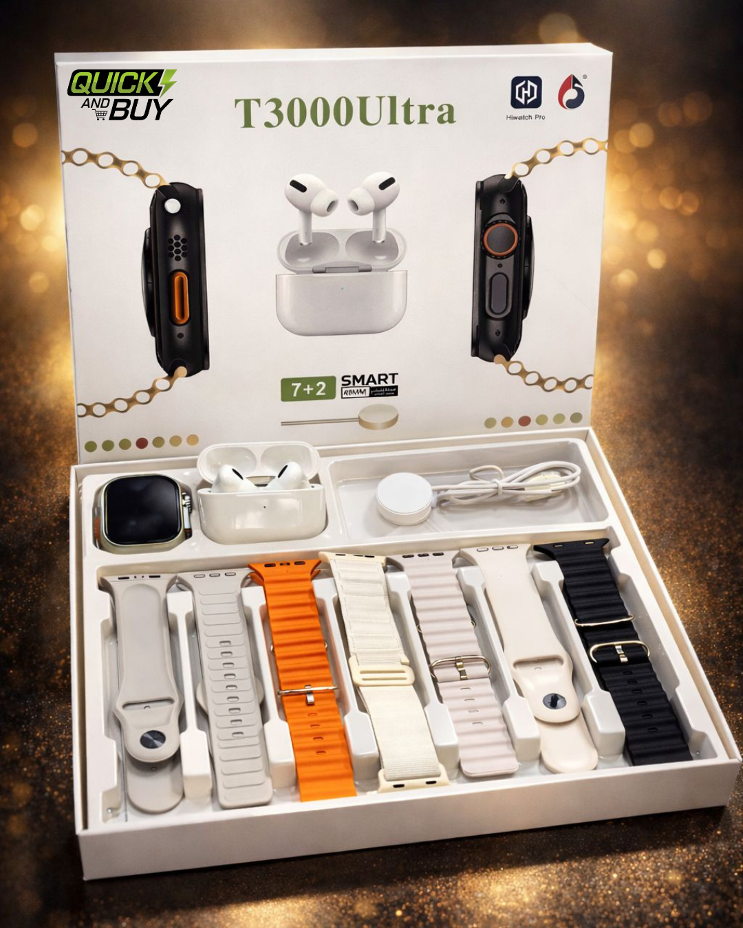 T3000 Ultra Smart Watch 7-in-1 Combo Wireless Earbuds & Multiple Strap Set