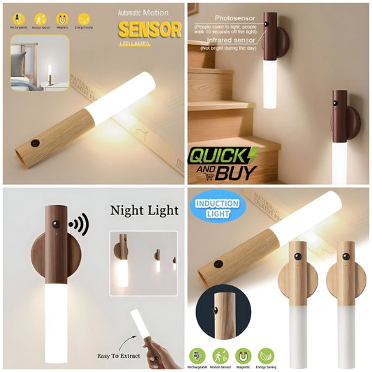 AI Smart 2-in-1 Motion Sensor Wooden Shade Tube Light | Self-Adhesive LED Wall Light


