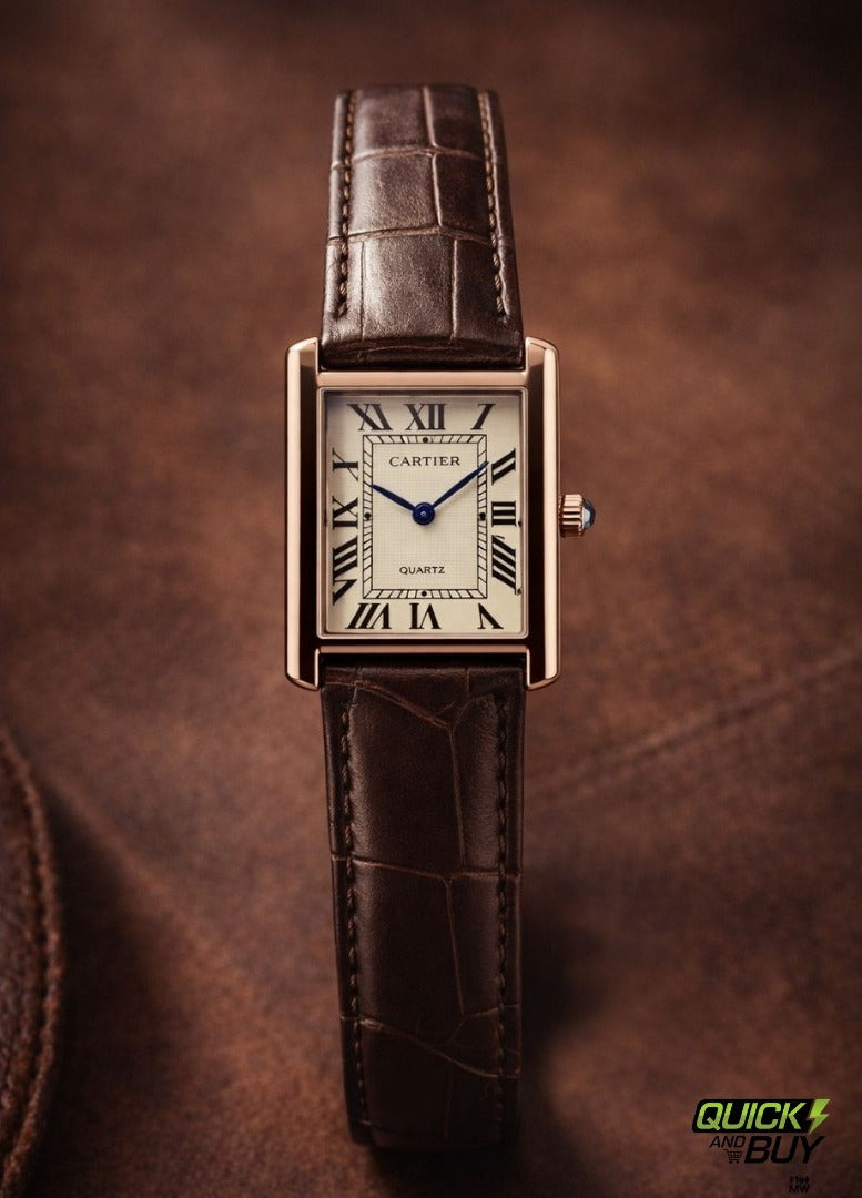 Luxury Tank Style Watch Premium Leather Strap Slim Case Design