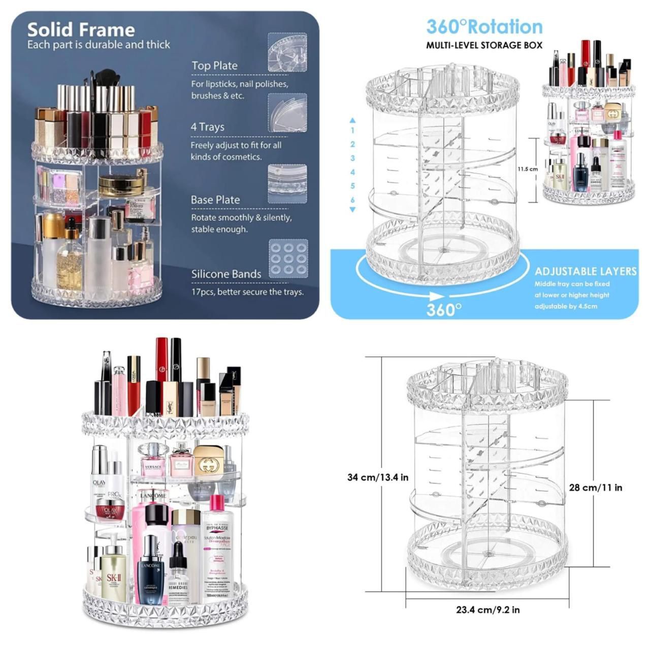  12inch Large 360 Rotating Diamond Shape Jewelry Organizer with Box Packing 