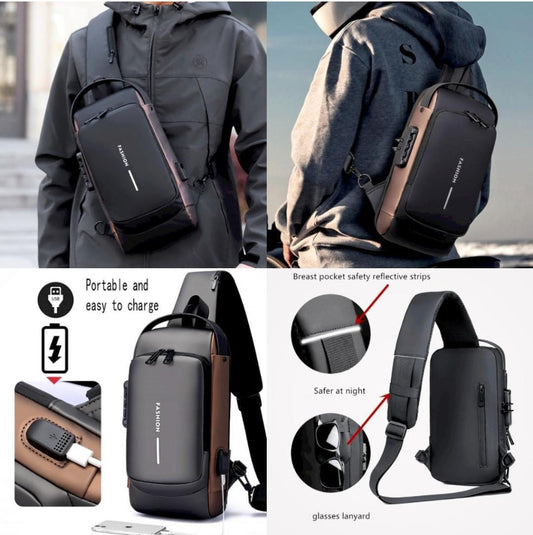 Men's Chest Pack Waterproof Anti-Theft Zipper Reflective Design Portable USB Charging Port Outdoor Sling Bag